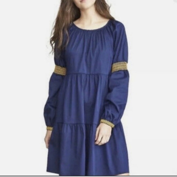 Elizabeth and James Navy Blue Peasant Tiered Dress Embroidered Long Sleeve - Picture 1 of 12